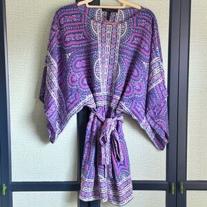 BCBG Kimono Sleeve Blue + Purple Boho Paisley Tribal Print Mini Dress, Size S